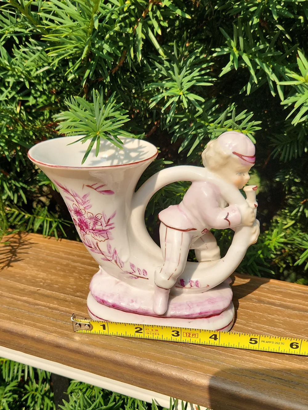 L&M inc Child Playing Horn Figurine/Vase in Pink and White